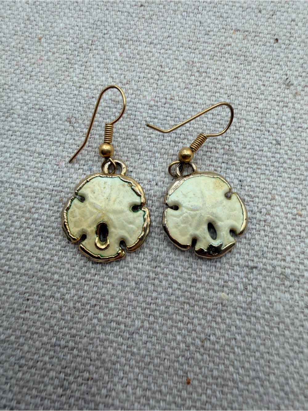 Gold and Cream Enamel Sand Dollar Drop Earrings